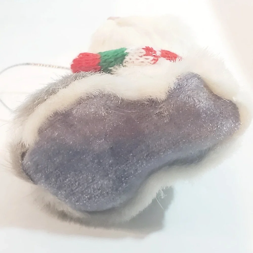 Faux Fur Kitten Miniature Christmas Ornament Cat Kitten Glass Eyes Gray & White